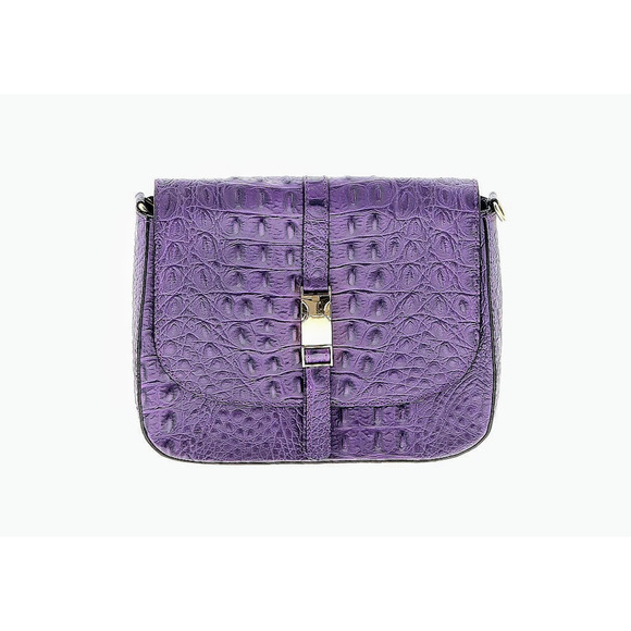 Firenze Italy Purple Leather Croc Embossed Long Strap/Short Strap Shoulder Bag - Picture 3 of 16